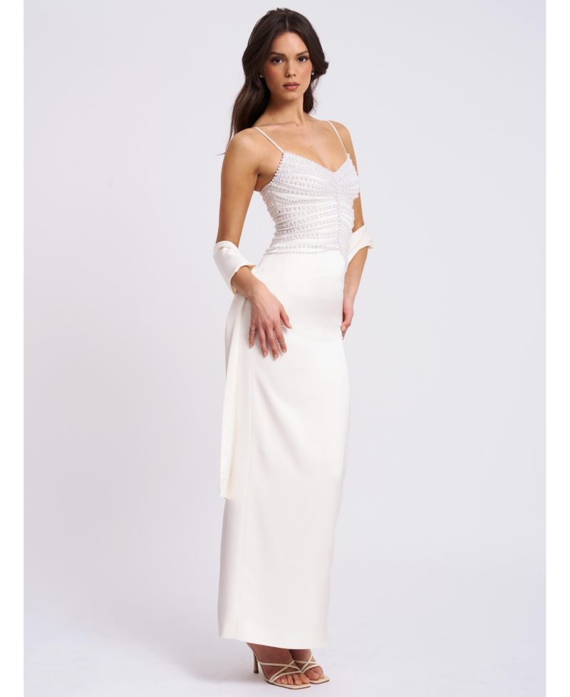 Women's Karmen Pearl Top Pencil Slip Gown with Scarf
