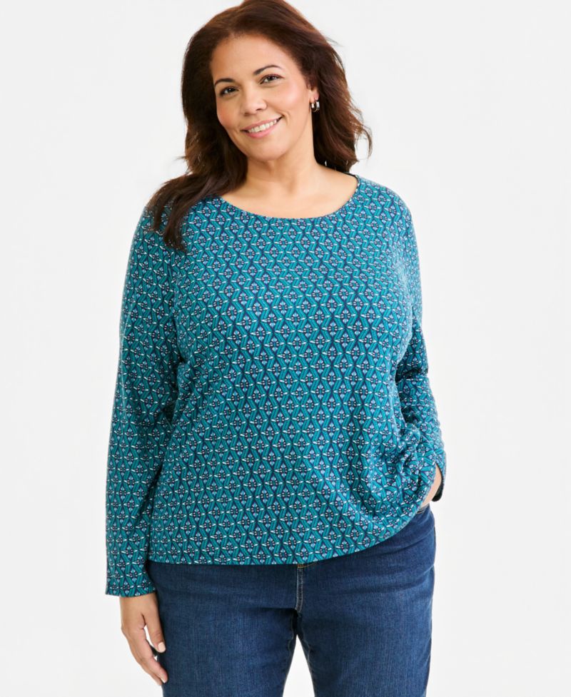 Petite Printed Long-Sleeve Scoop-Neck Top