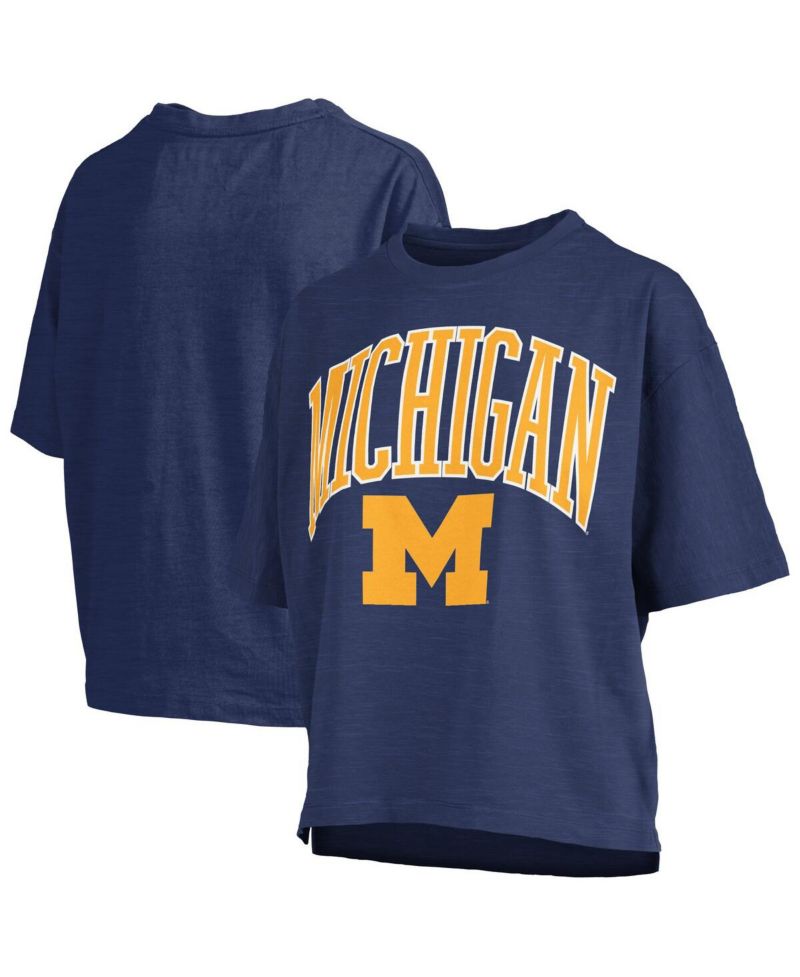 Women's Navy Michigan Wolverines Nelson Arch Over Logo Waist Length Oversized Slub T-Shirt