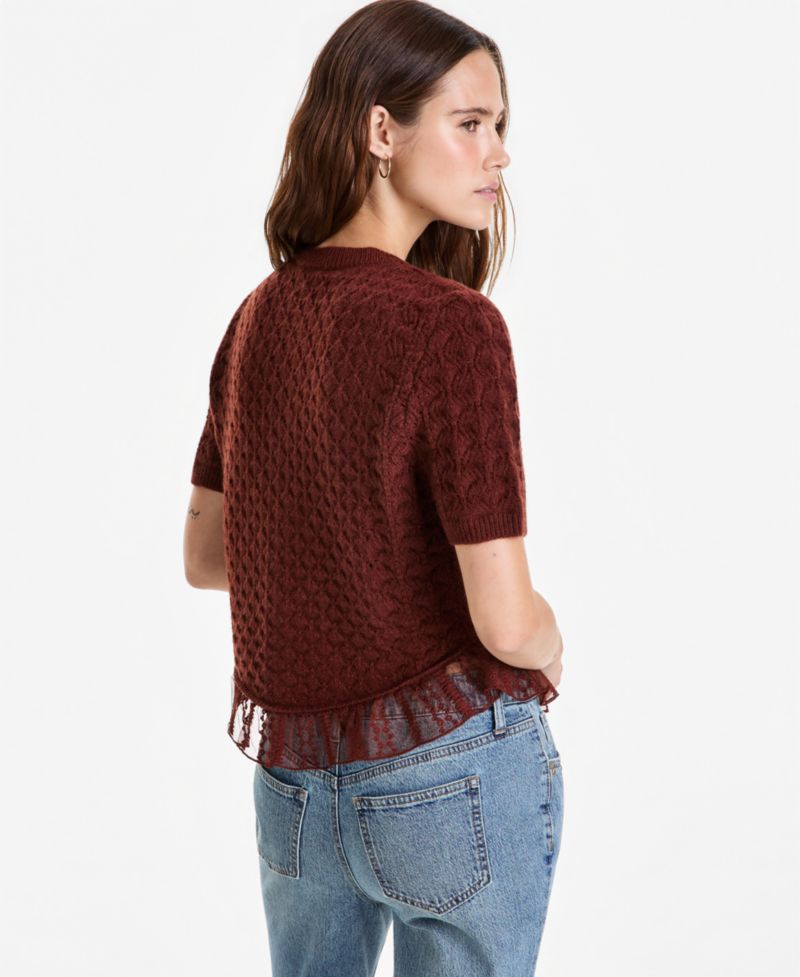 Petite Pointelle Lace-Hem Short-Sleeve Cardigan