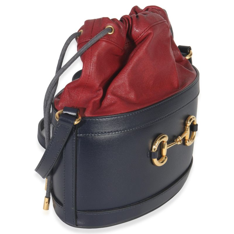 Red Navy Calfskin Horsebit 1955 Drawstring Bucket Bag