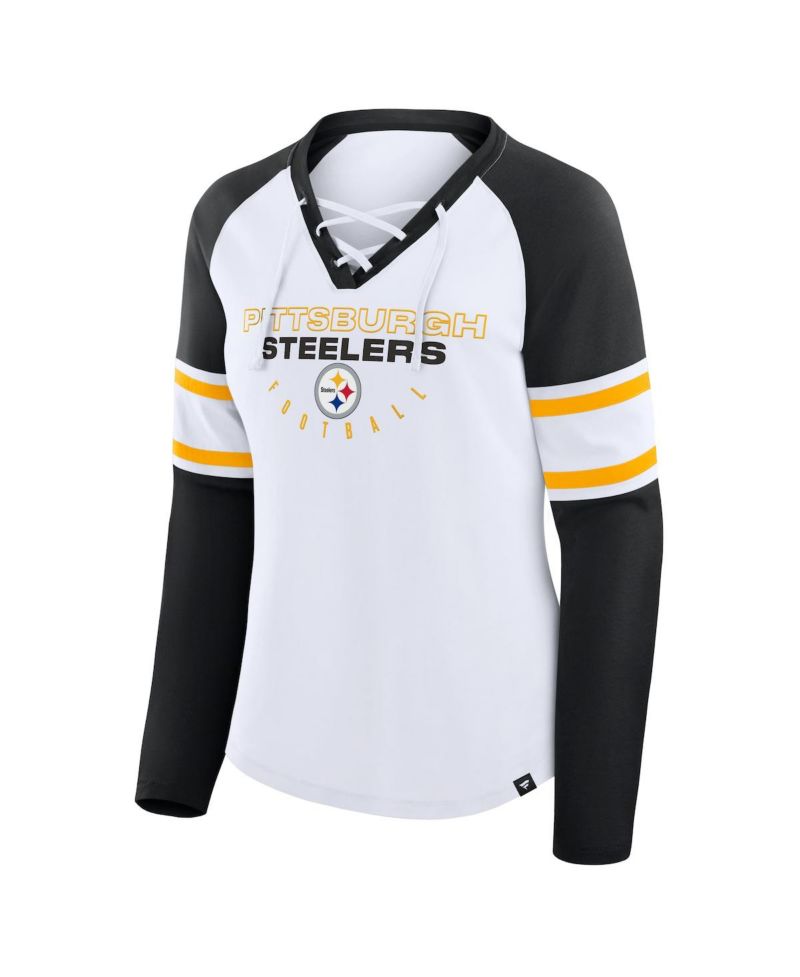 Women's White/Black Pittsburgh Steelers Redzone Blitz Package Raglan Lace-Up V-Neck Long Sleeve T-Shirt