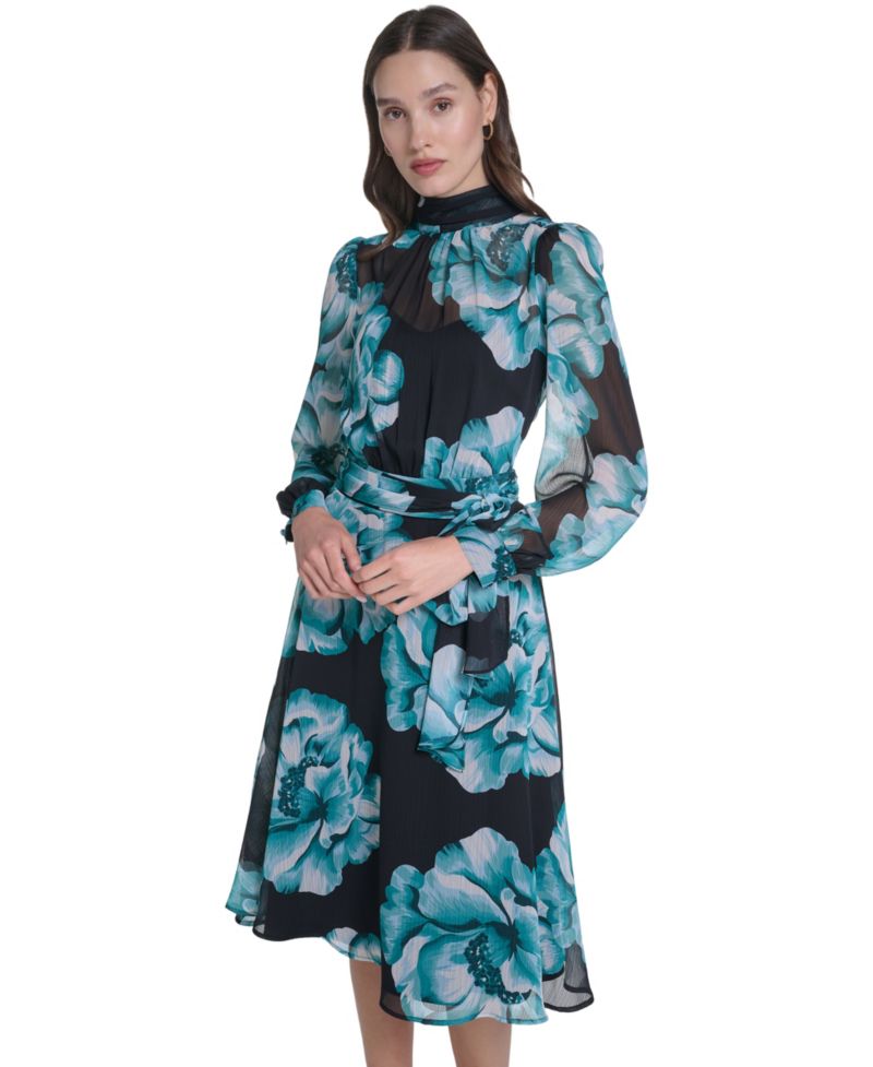 Petite Wedding Guest Floral-Print Long-Sleeve Chiffon Midi Dress