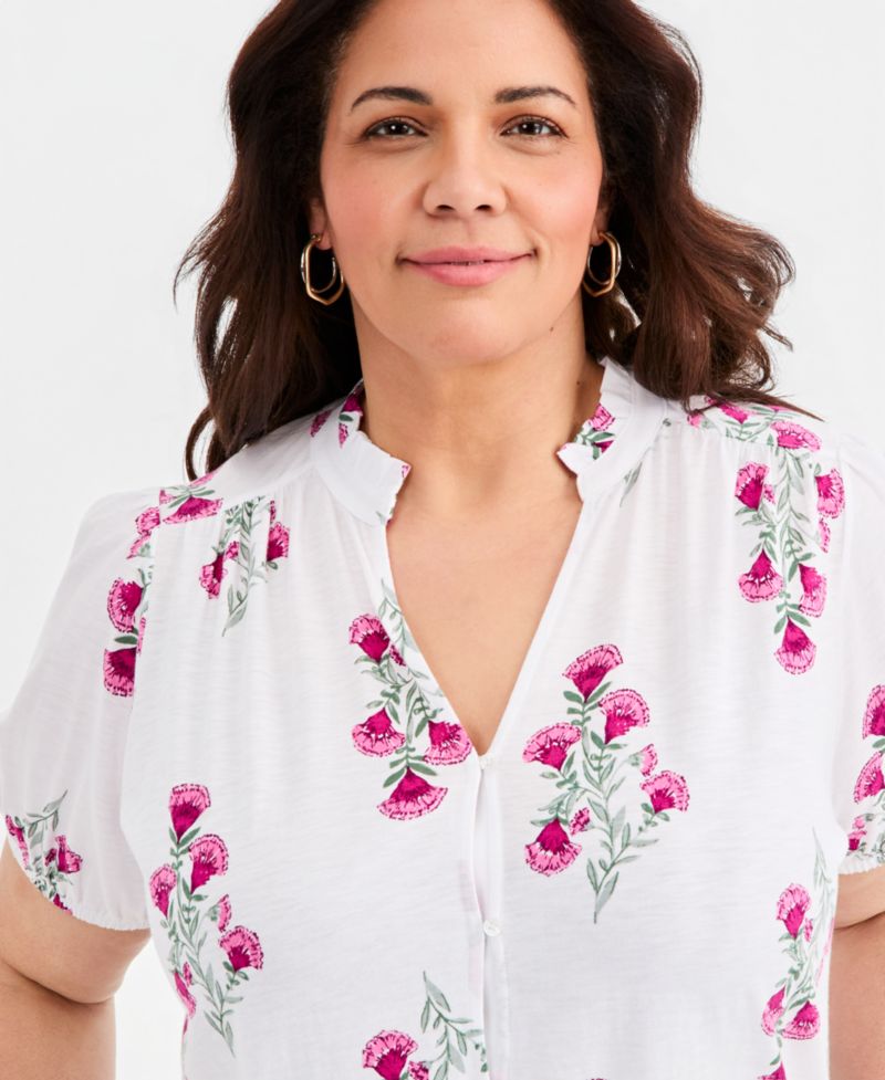 Petite Floral-Print Puff-Sleeve Top