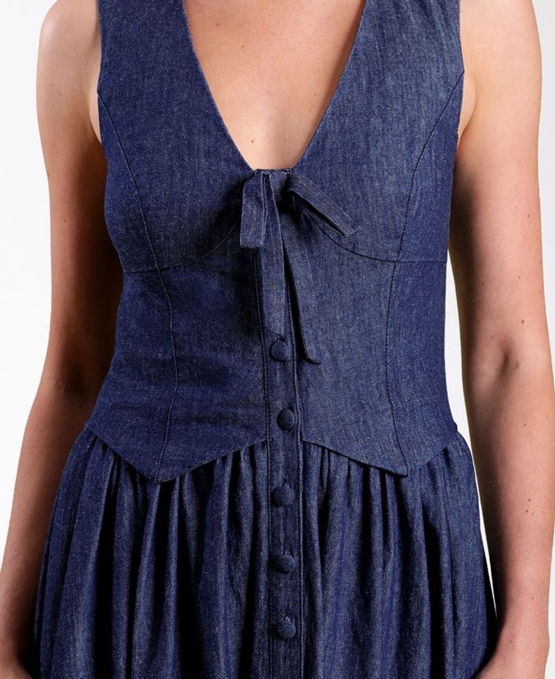 Women's Denim Vest Twofer Sleeveless V-Neck A-Line Midi Dress