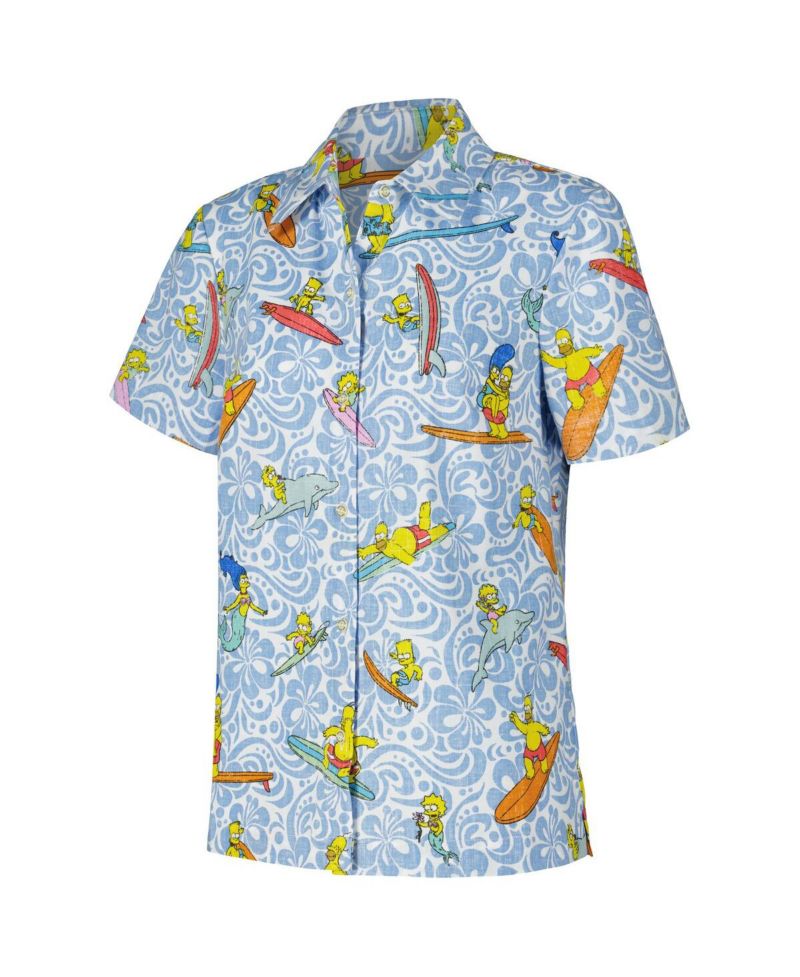 Women's Light Blue The Simpsons Cowabunga Relaxed Button-Up Shirt
