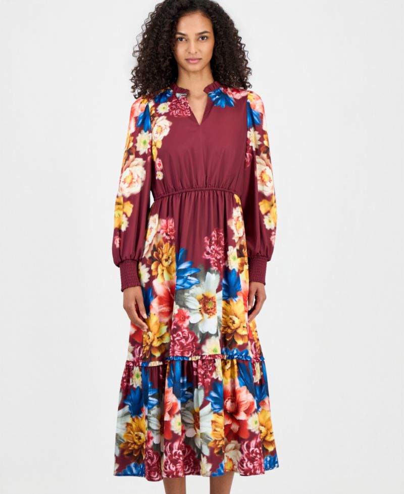 Women's Floral Long-Sleeve A-Line Midi Dress