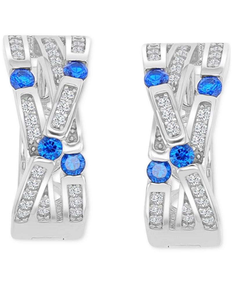 Blue Cubic Zirconia Pav&eacute; Three-Row Overlapped Huggie Earrings in Sterling Silver