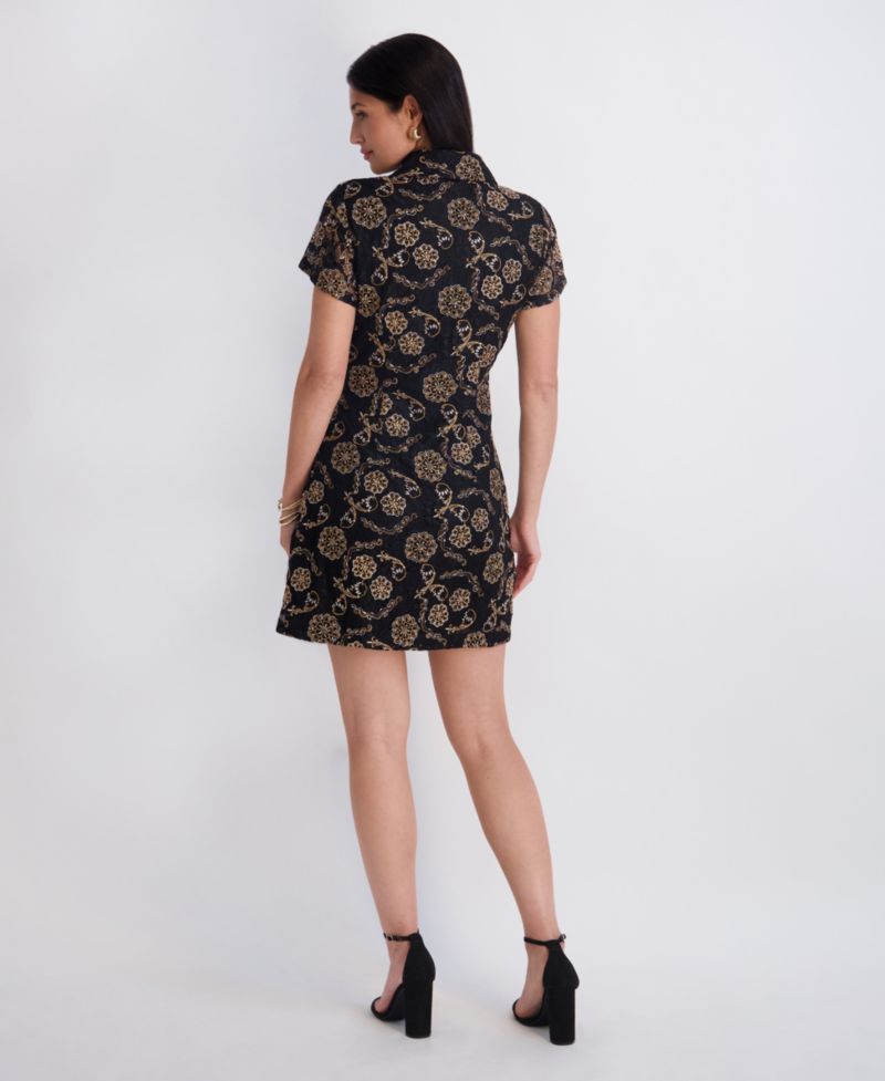 Women's Embroidered Stretch Lace Short-Sleeve Keyhole Dress