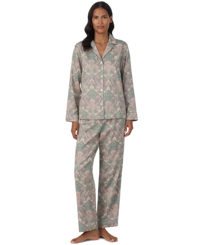 Petite Notch Collar Sateen Long Sleeve Pajama Top and Pants, 2-Piece Set