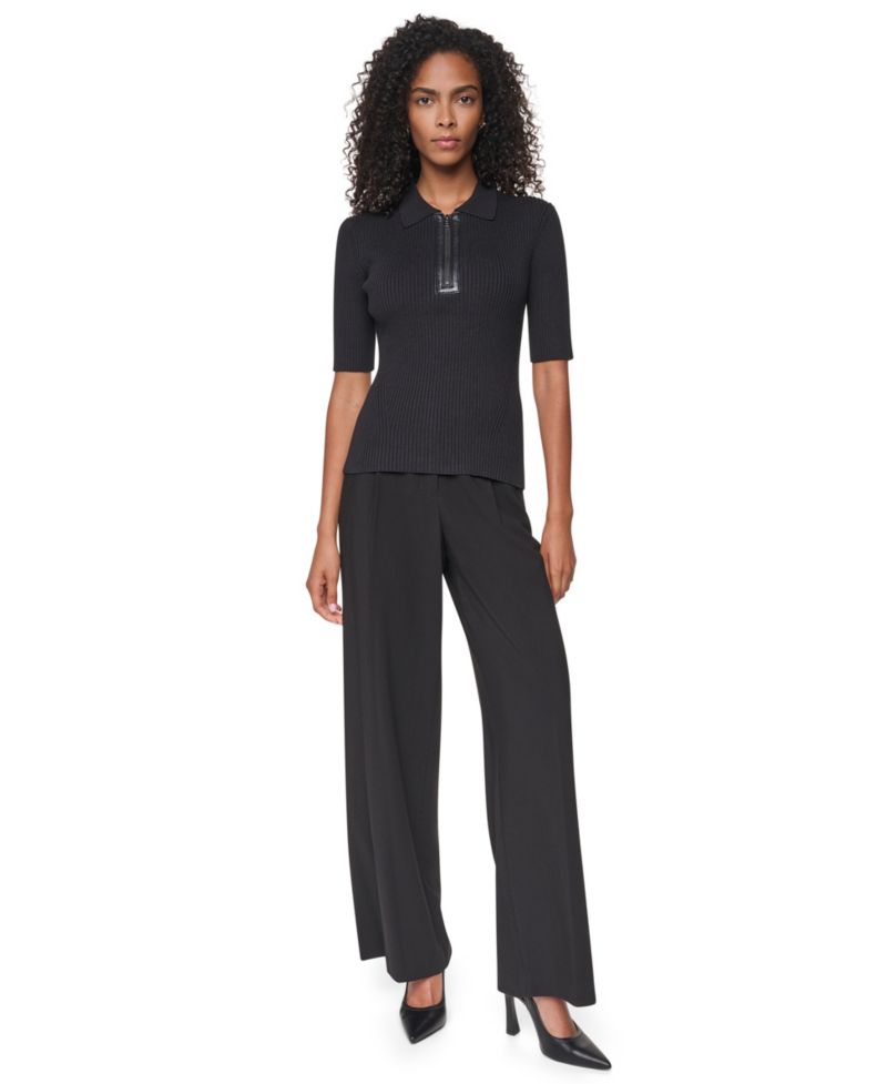 Women's Polo Short-Sleeve Ribbed-Knit Zip-Front Top
