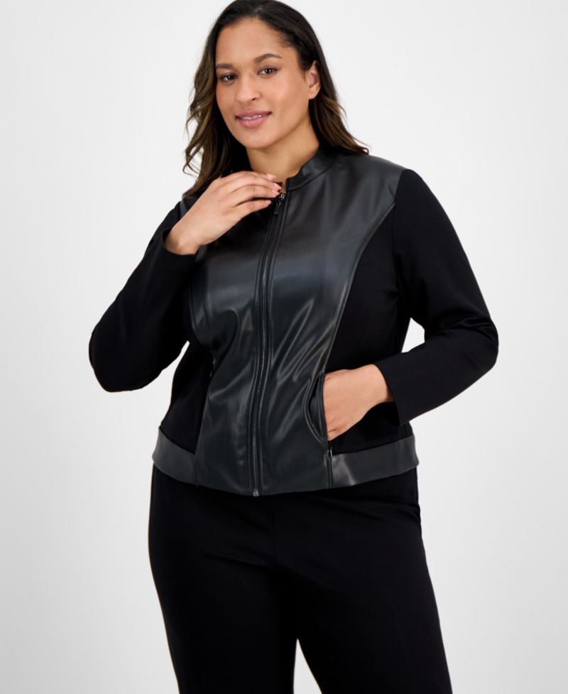 AK Anne Klein Plus Size Mixed-Media Zip-Front Jacket