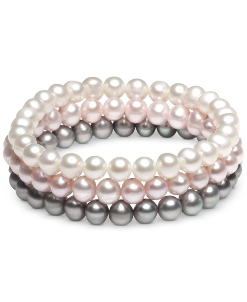 3-Pc. Set White Cultured Freshwater Pearl (6-1/2 mm) Stretch Bracelets (Also in White/Gray/Peacock & White/Pink Gray)