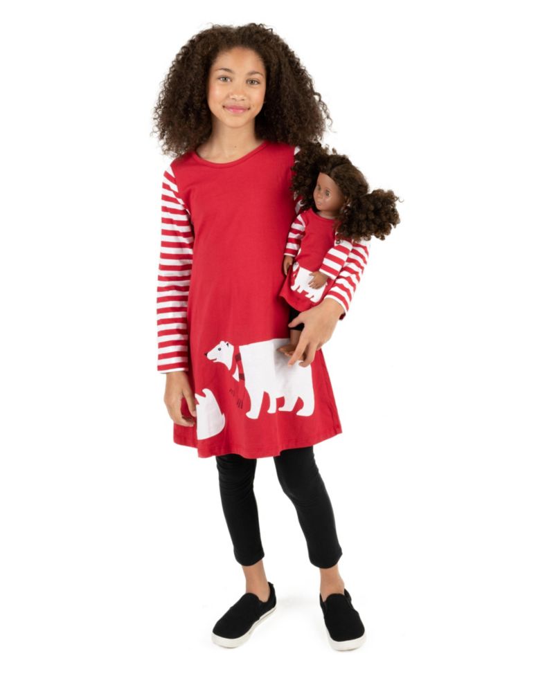 Little Girls 6-14 Matching Doll Long Sleeve Cotton Crew Neck A-Line Dress