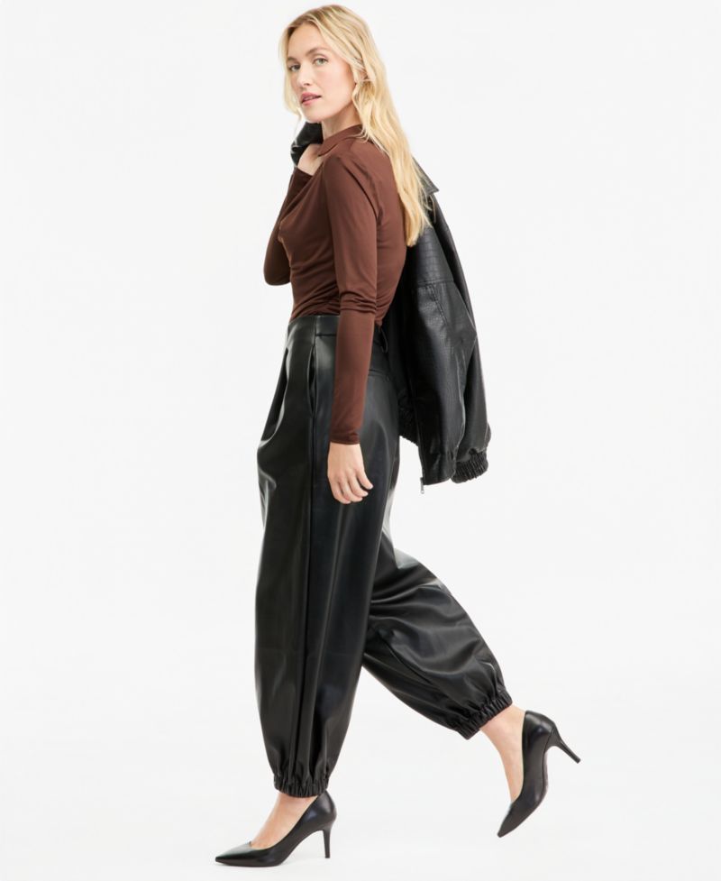 Women's High-Rise Pleated Faux Leather Pants