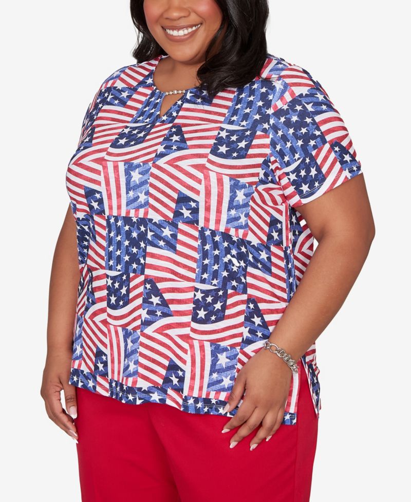 Plus Size Lady Liberty American Flag Patchwork T-Shirt