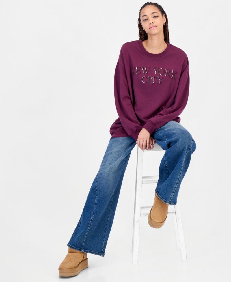 Juniors' NYC Rhinestone Oversized Fleece Hoodie