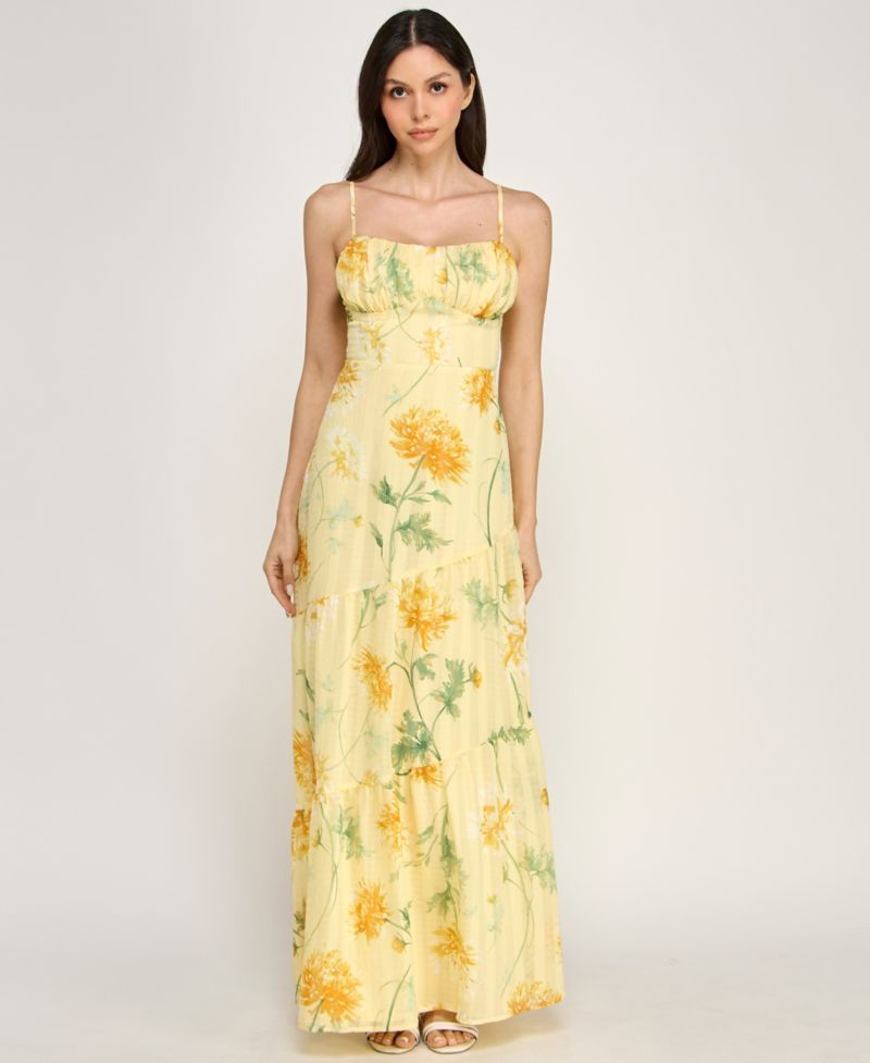 Juniors' Sleeveless Bungee Back Asymmetrical Maxi Dress