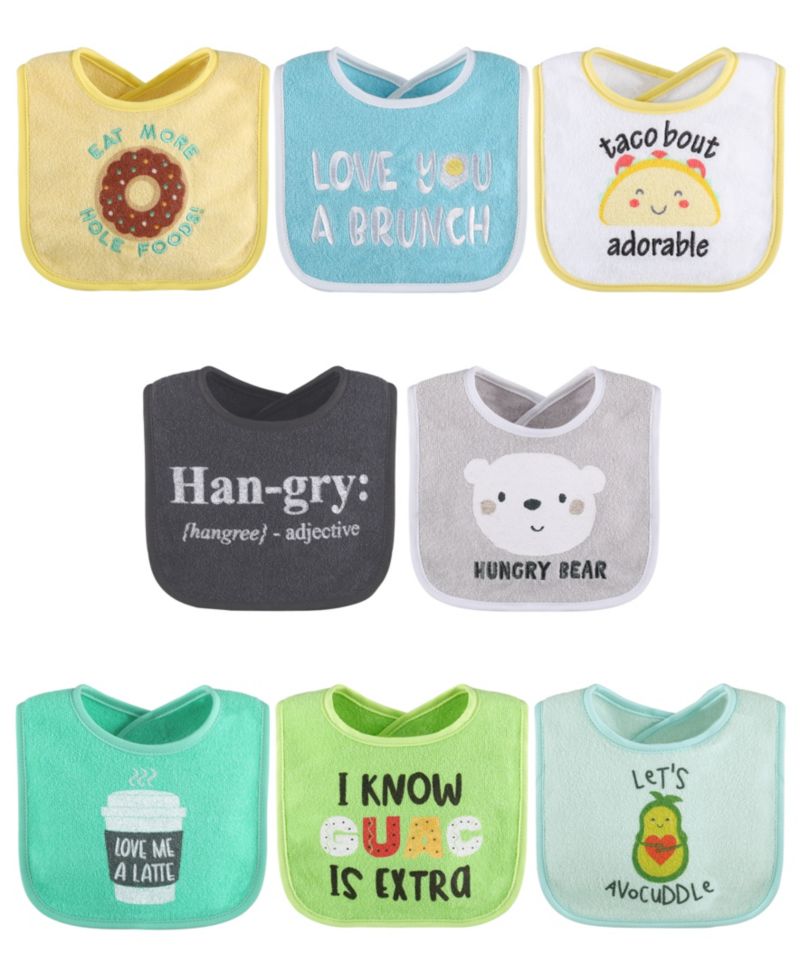 Cotton Baby Bibs for Girls or Boys, 8 Pack, Green, Blue, Yellow