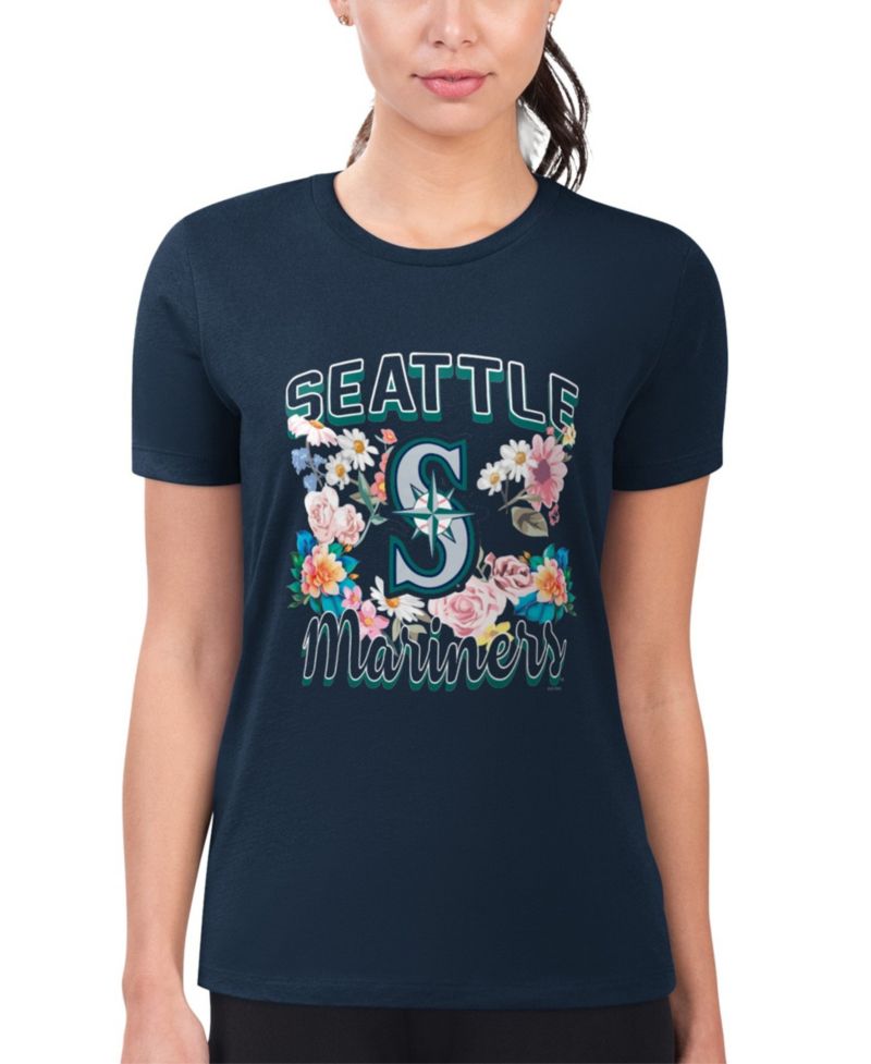 Women's Navy Seattle Mariners Super-Slim Fit Lightweight Flowers Graphic T-Shirt