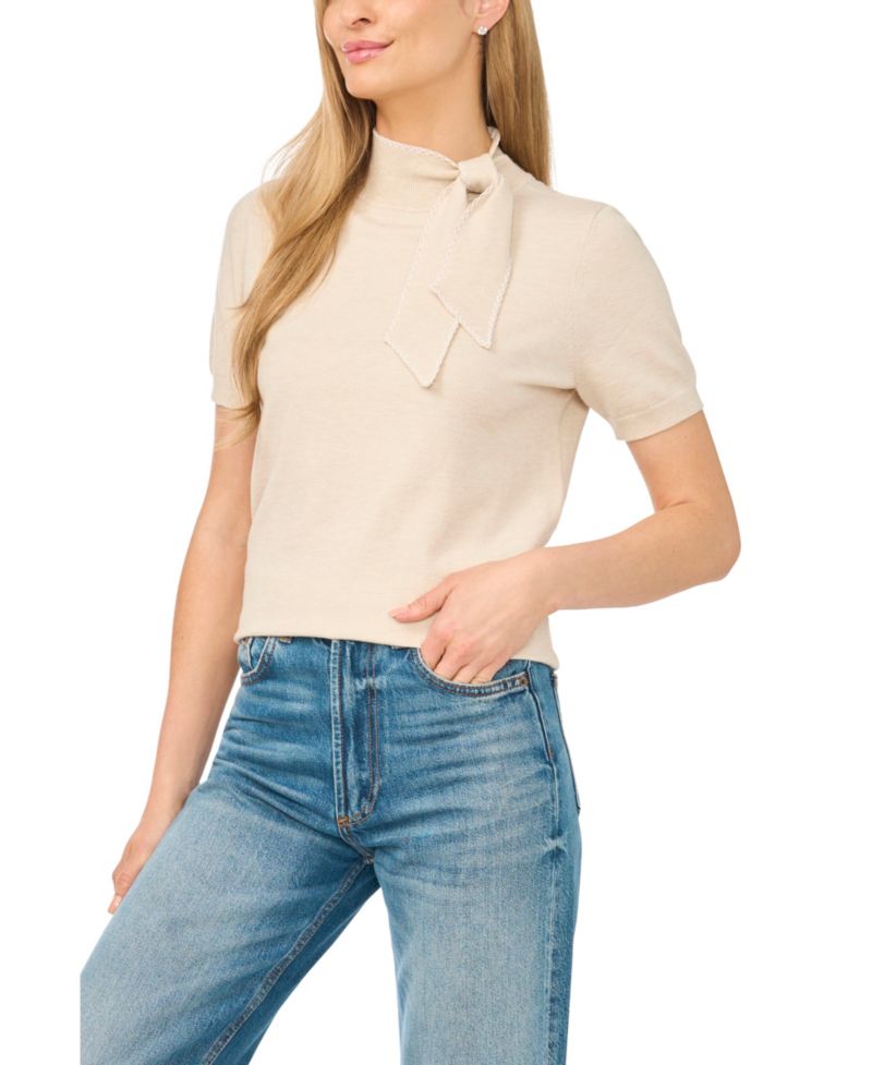 Women's Short-Sleeve Mock-Neck Scarf-Tie-Neck Sweater