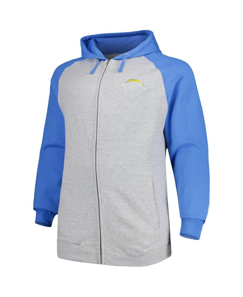 Men's Fanatics Branded Heather Gray Los Angeles Chargers Big and Tall Fleece Raglan Full-Zip Hoodie Jacket