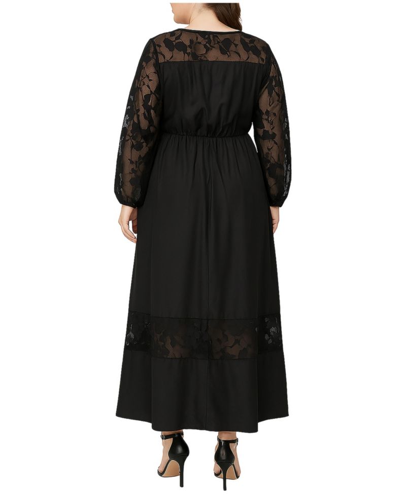 Plus Size Lace Trim Long Sleeve Maxi Dress