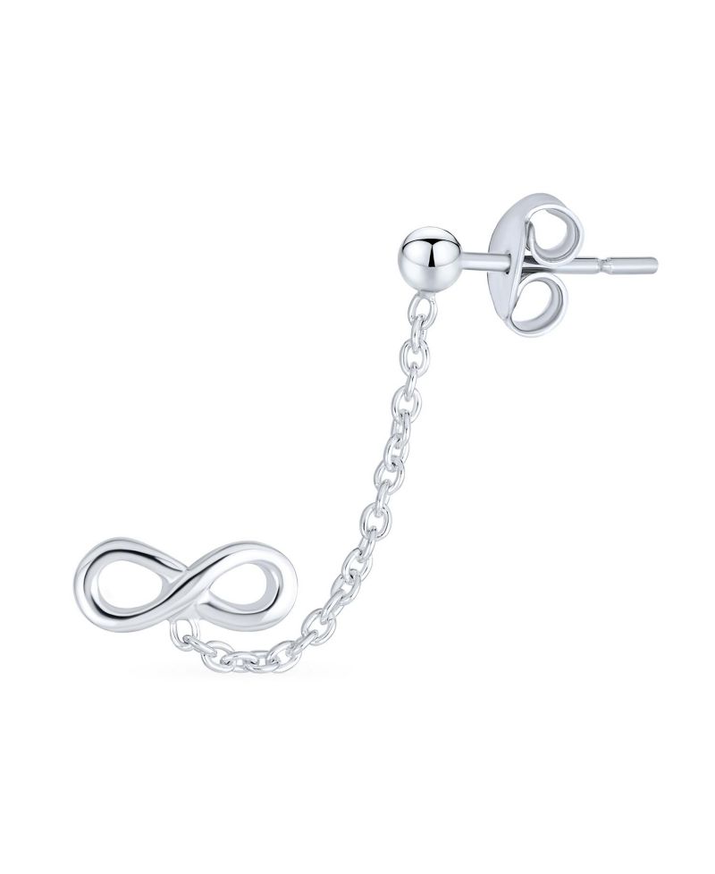 Double Piercing Infinity Heart Ear Cuff Chain Stud Earrings Sterling Silver