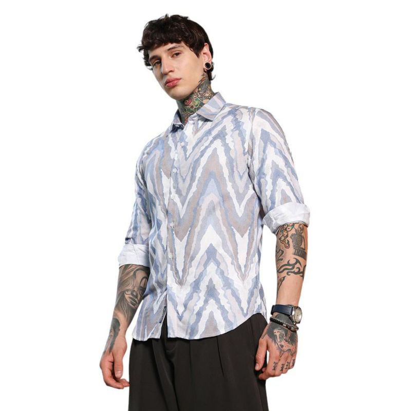 Men's Icy Blue:Cream White Pastel-Geometric Jacquard Shirt