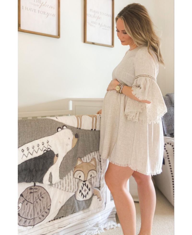 Women's Beige Raw Edge Bell Sleeve Babydoll Dress