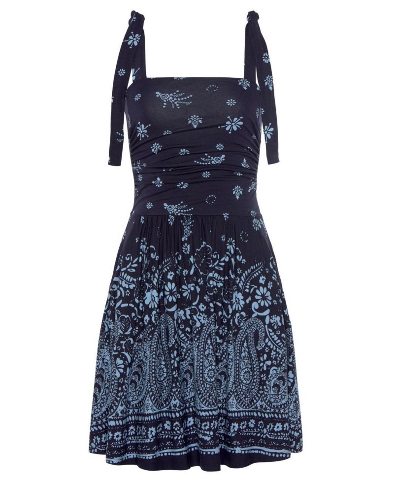 Women's Viscose Printed Tie Strap with Pockets Elastic-Waist Short Dress