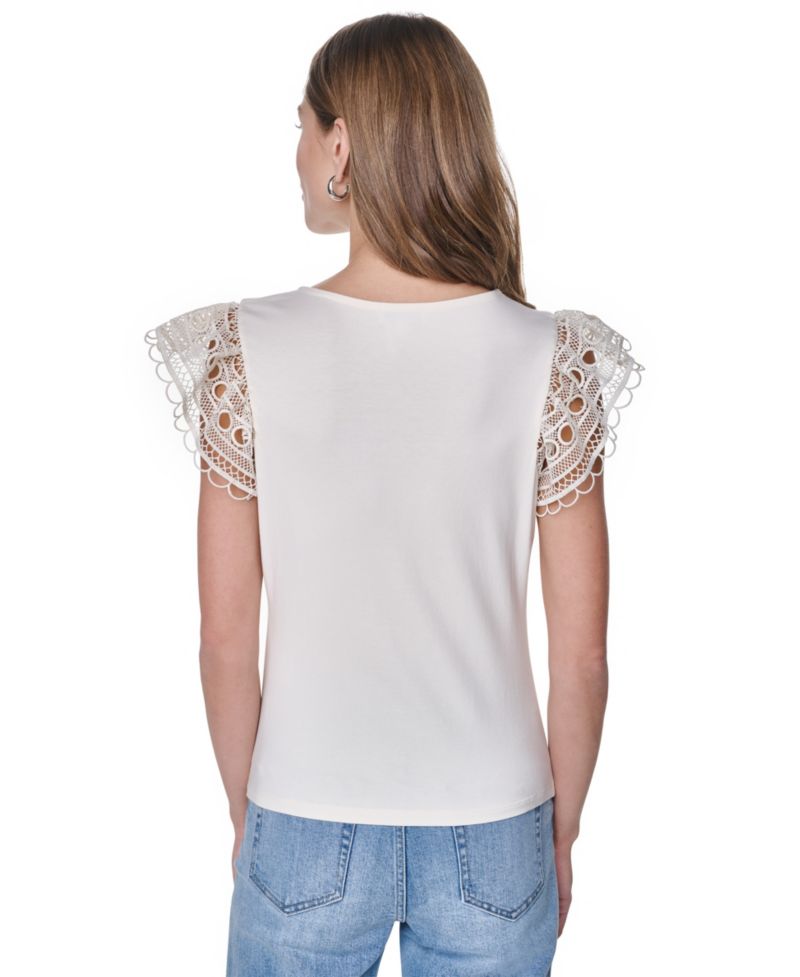 Women's V-Neck Lace Trim Gathered Top
