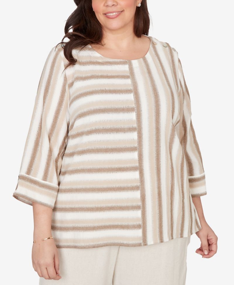 Plus Size Natural Wonder Spliced Stripe Three Quarter Sleeve Top