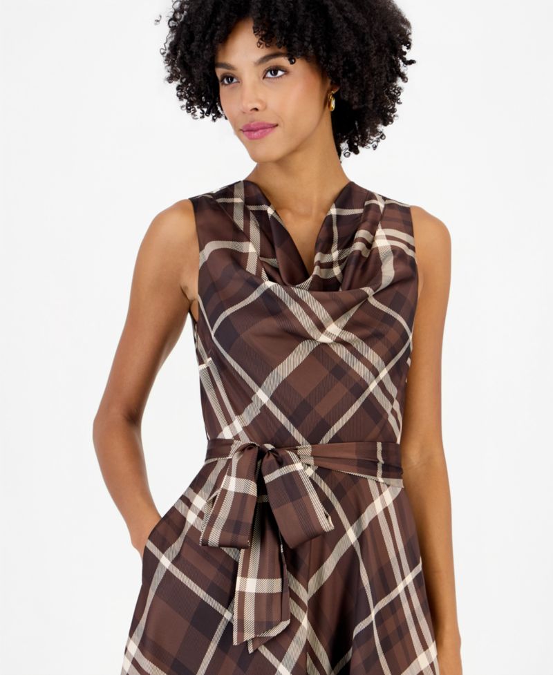 Women's Drape Neck Plaid Midi A-Line Dress