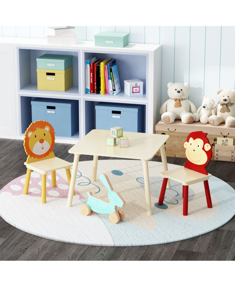 3 Piece Wood Table and Chair Set, w/ 2 LionandMonkey Animals Chairs, Wood Activity Tables Drawing Play Table Set, for Age 2-6 Boy Girl