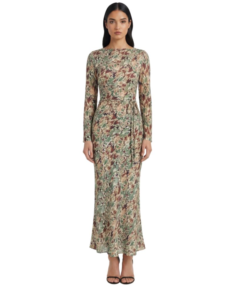 Women's Boat Neck Long-Sleeve Fitted Midi Dress