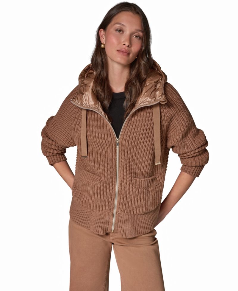 Women's Wool-Blend Hooded Mixed-Media Chunky Jacket