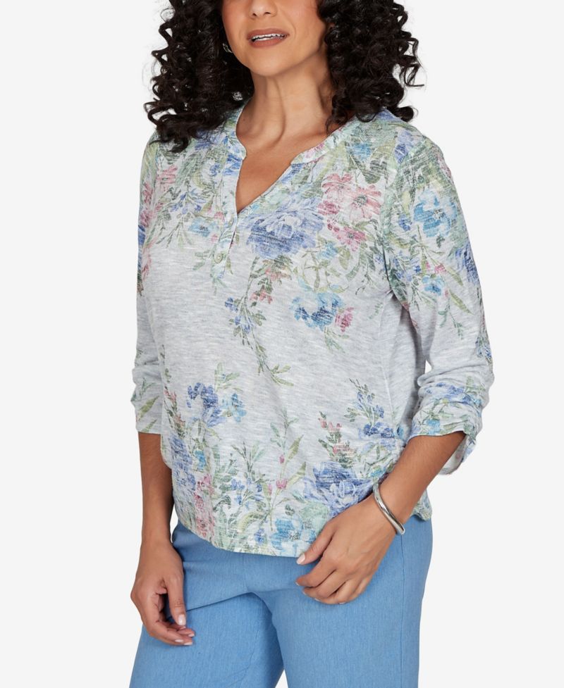Petite Provence Floral-Print 3/4-Sleeve Henley Top