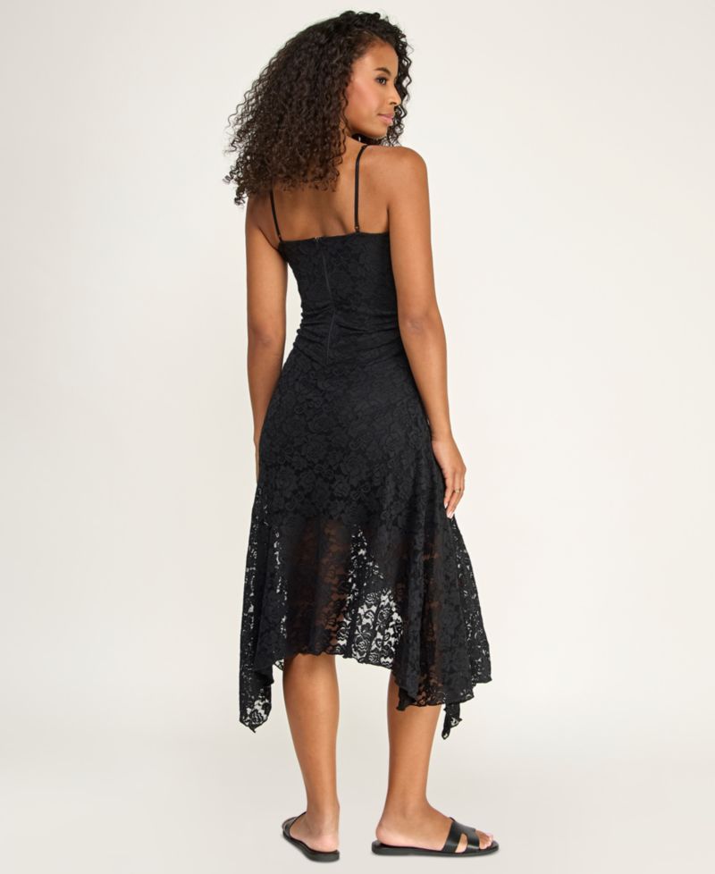 Juniors' Handkerchief Hem V-Neck Lace Midi Dress