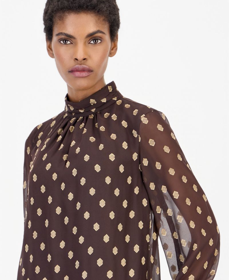 Women's Long-Sleeve Mock Neck Keyhole Blouse