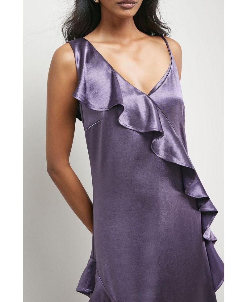 Women's Metallic Satin Ruffle Midi Slip Dress
