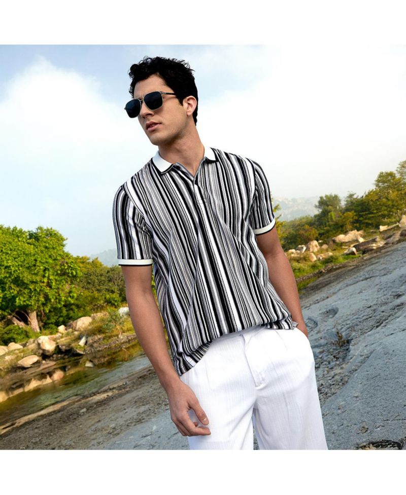 Men's Cream White and Midnight Black Multitrack Knit Polo T-Shirt