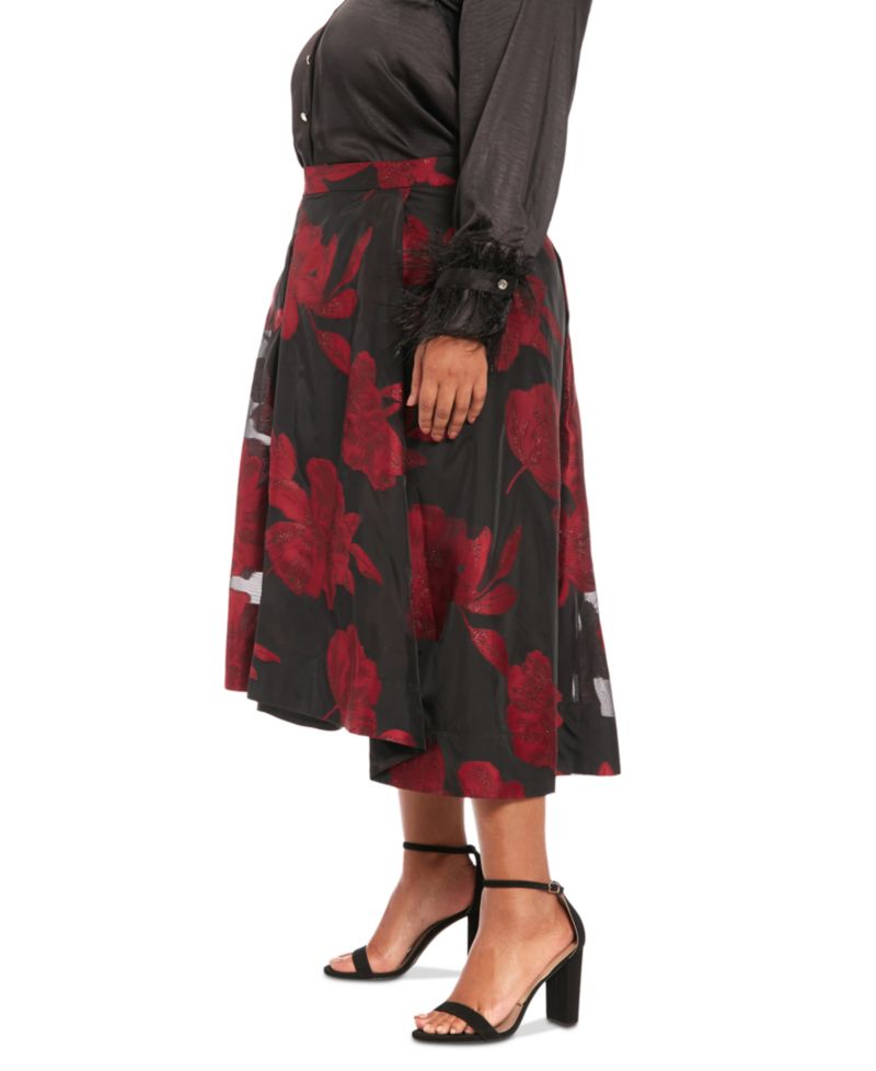 Plus Size Pleated Floral-Print Organza Skirt