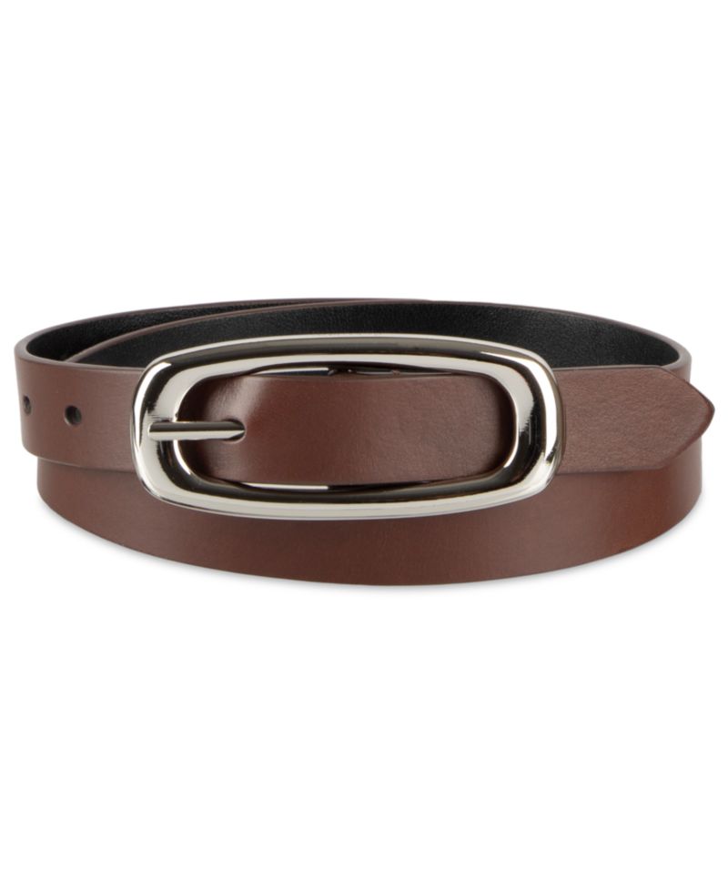 Skinny Oval Shaped Center Bar Buckle Reversible Dress Belt