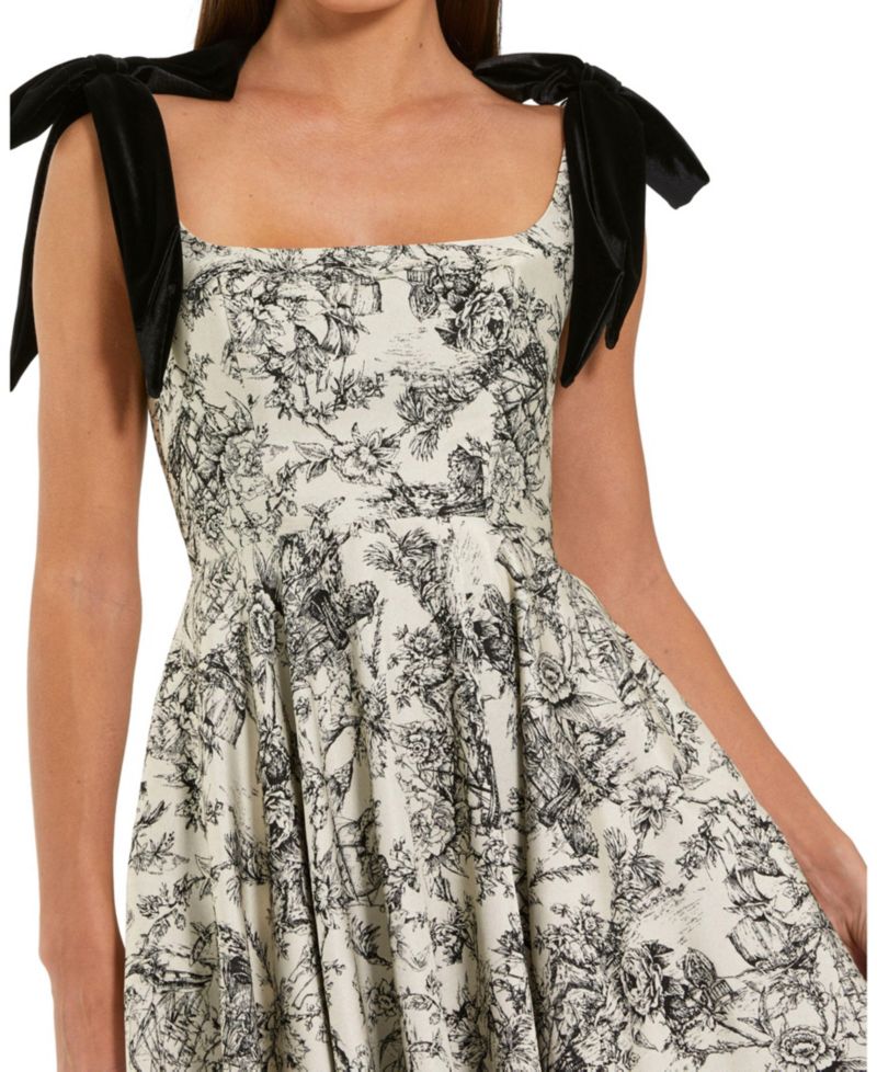 Women's Floral Brocade A-Line Midi Dress with Bow Straps