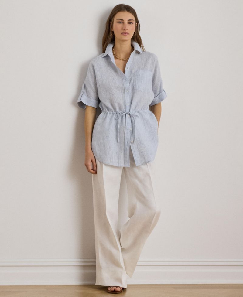 Women's Point Collar Striped Roll-Tab-Sleeve Tunic Shirt