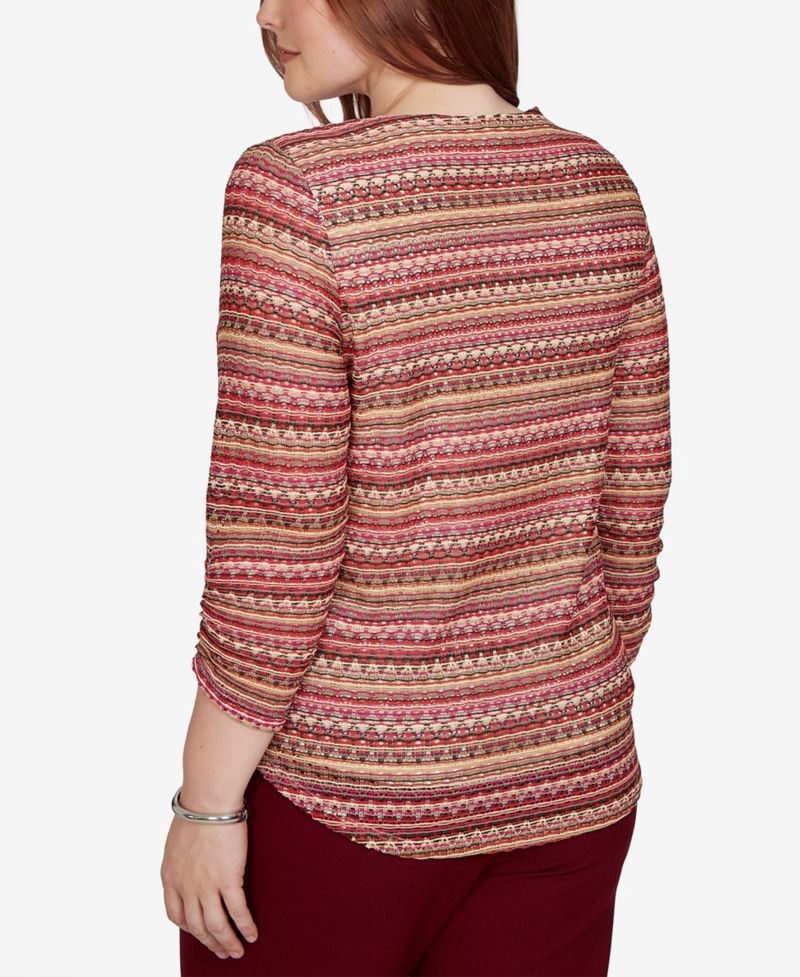 Petite Union Square Spacedye-Stripe 3/4-Sleeve Top with Necklace