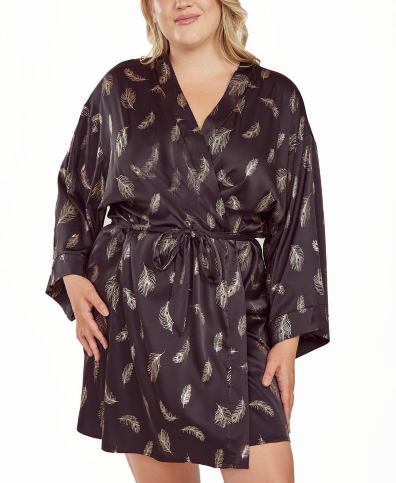 Plus Size Silky Self Tie Robe in Feather Print