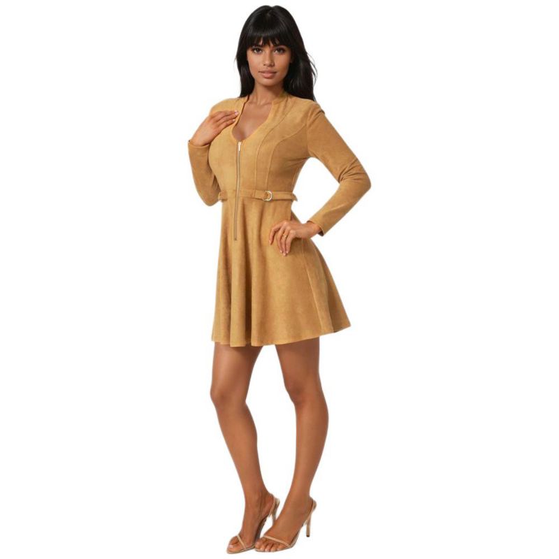 Women's Fit and Flare Long Sleeve Suede Mini Dress