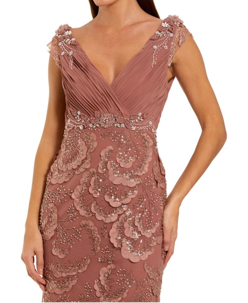 Women's Floral Beaded Chiffon V-Neck Evening Gown